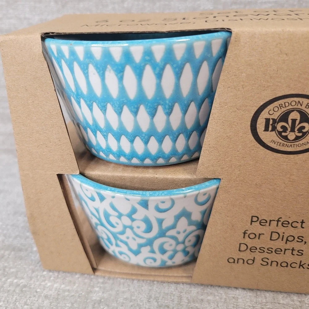BIA Cordon Bleu 6 oz Stoneware Ramekins Set of 4 Blue White Patterned Bowls NEW